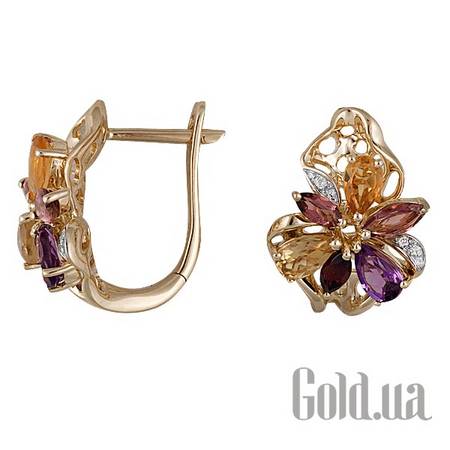 Серьги Золотые серьги с бриллиантами и полудрагоценными камнями