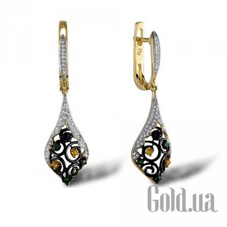 Серьги с подвесками Золотые серьги с бриллиантами, изумрудами и сапфирами