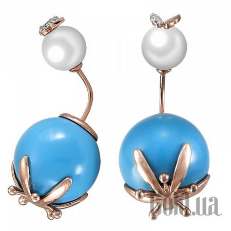 Серьги-гвоздики Золотые серьги с бриллиантами, бирюзой и жемчугом