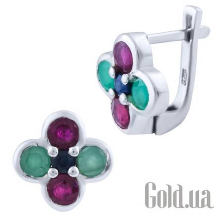 Серьги Серебряные серьги с сапфирами, рубинами и изумрудами