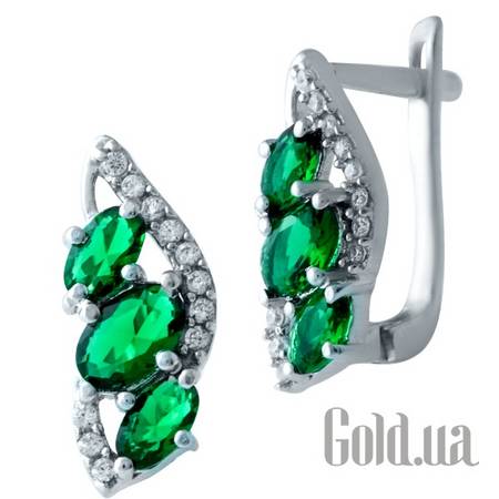 Серьги Серебряные серьги с синт. изумрудами и куб. циркониями