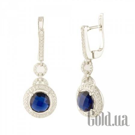 Серьги с подвесками Серебряные серьги с куб. циркониями и синт. сапфирами
