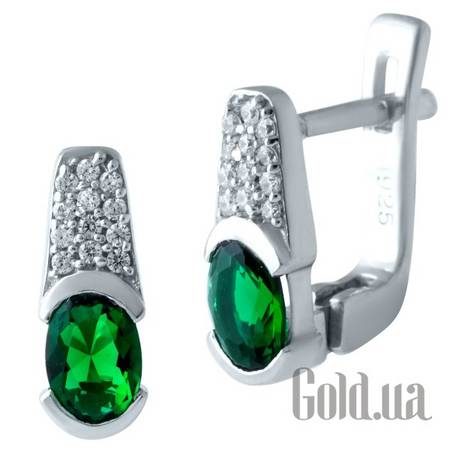 Серьги Серебряные серьги с синт. изумрудами и куб. циркониями