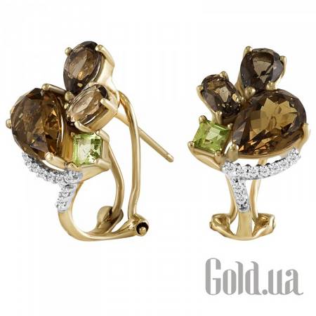 Серьги Золотые серьги с бриллиантами, кварцем, дымчатым кварцем и перидотами
