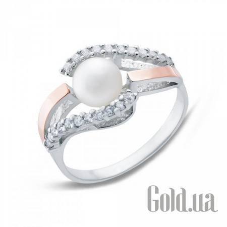 Женские кольца Женское серебряное кольцо со вставкой из золота, жемчугом и куб. циркониями, 17