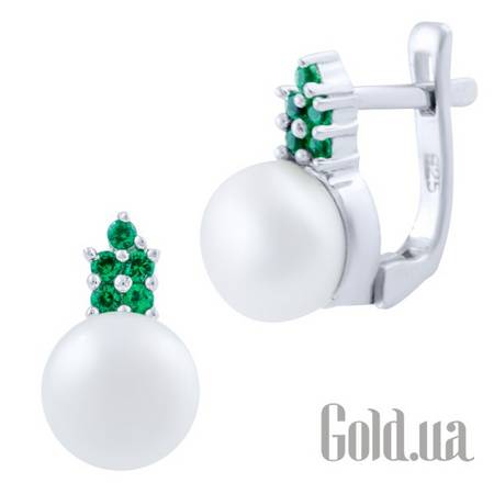 Серьги Серебряные серьги с жемчугом и синт. изумрудами