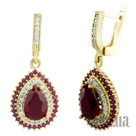 Серьги с подвесками Серебряные серьги с синт. рубинами, рубинами и куб. циркониями