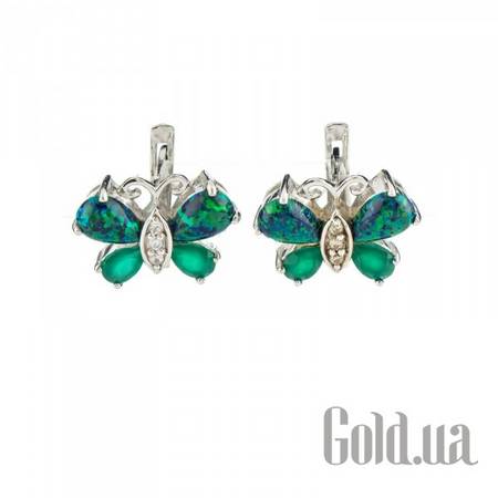 Серьги Серебряные серьги с агатами, синт. опалами и куб. циркониями