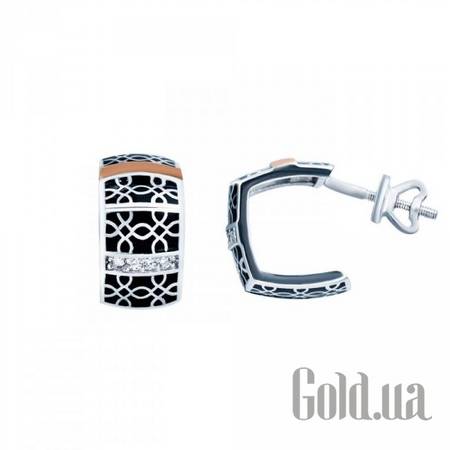 Серьги-гвоздики Серебряные серьги с куб. циркониями, эмалью и вставками из золота