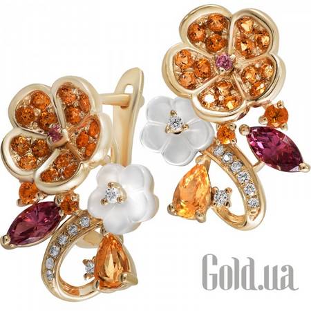 Серьги Золотые серьги с бриллиантами, цитринами, родолитами, перламутрами