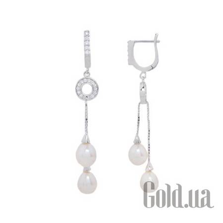 Серьги с подвесками Серебряные серьги с жемчугом и куб. циркониями