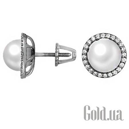 Серьги-гвоздики Золотые серьги с жемчугом и куб. циркониями
