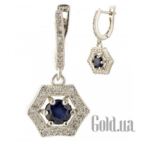 Серьги с подвесками Серебряные серьги с сапфирами и куб. циркониями