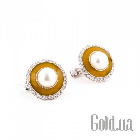 Серьги Серебряные серьги с куб. циркониями, искусств. жемчугом и эмалью