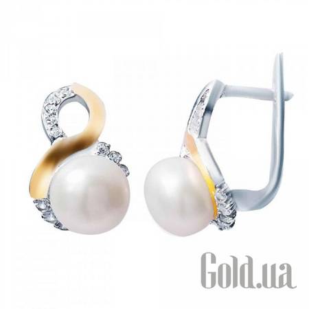 Серьги Серебряные серьги с жемчугом, куб. циркониями и вставками из золота