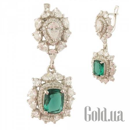 Серьги с подвесками Серебряные серьги с синт. изумрудами и куб. циркониями