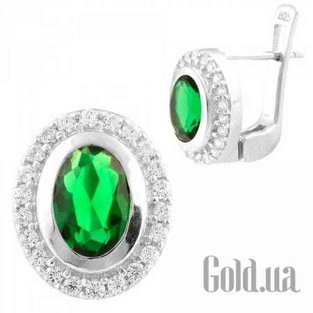 Серьги Серебряные серьги с синт. изумрудами и куб. циркониями