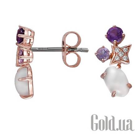 Серьги-гвоздики Золотые серьги с бриллиантами, аметистами и агатом