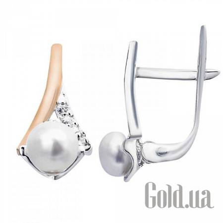 Серьги Серебряные серьги с культив. жемчугом, куб. циркониями и вставками из золота