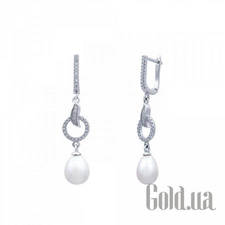 Серьги с подвесками Серебряные серьги с жемчугом и куб. циркониями