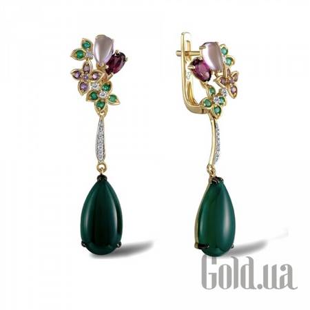 Серьги с подвесками Золотые серьги с бриллиантами, аметистами, изумрудами, агатами и родолитами