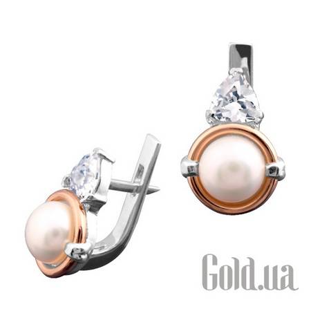 Серьги Серебряные серьги с  жемчугом (культив) и куб.циркониями с золотой вставкой