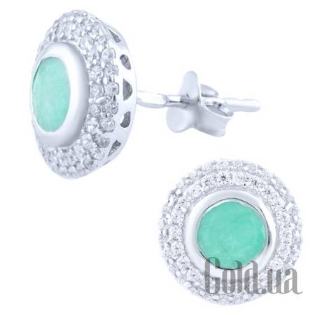 Серьги-гвоздики Серебряные серьги с изумрудами и куб. циркониями
