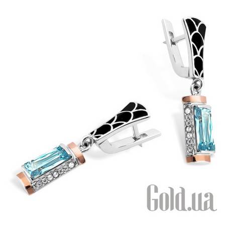 Серьги с подвесками Серебряные серьги с куб. циркониями и эмалью в позолоте