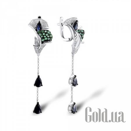 Серьги с подвесками Золотые серьги с бриллиантами, изумрудами и сапфирами