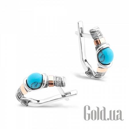 Серьги Серебряные серьги с синт. бирюзой и куб. циркониями в позолоте