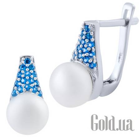 Серьги Серебряные серьги с жемчугом и синт. топазами