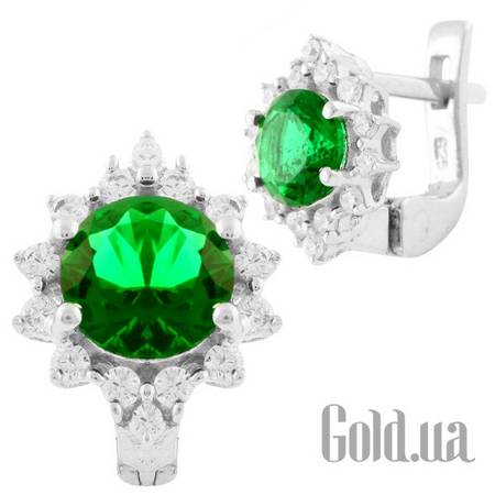 Серьги Серебряные серьги с куб. циркониями и синт. изумрудами