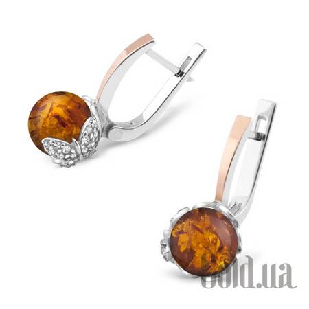 Серьги Серебряные серьги с куб. циркониями и янтарем в позолоте