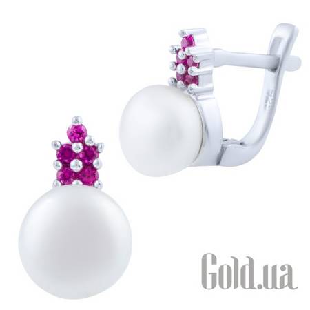 Серьги Серебряные серьги с искусств. жемчугом и синт. рубинами