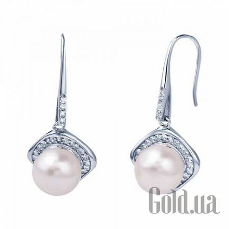Серьги с подвесками Серебряные серьги с жемчугом и куб. циркониями