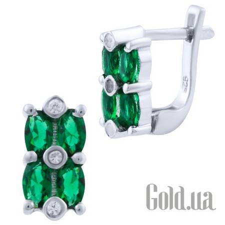 Серьги Серебряные серьги с синт. изумрудами и куб. циркониями