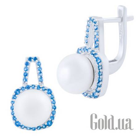 Серьги Серебряные серьги с жемчугом и синт. топазами