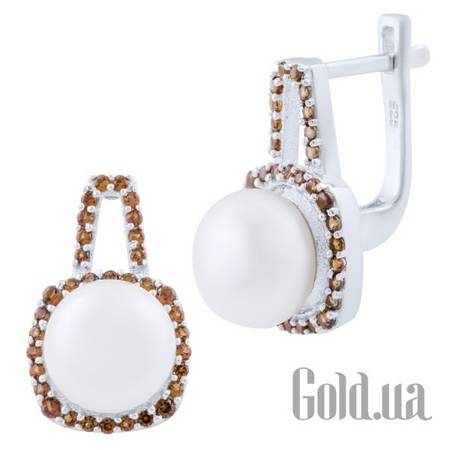 Серьги Серебряные серьги с жемчугом и синт. гранатами