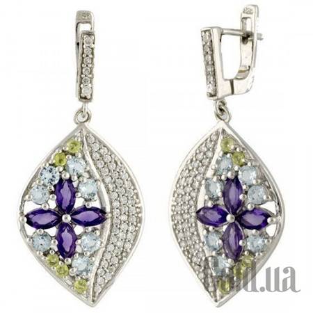 Серьги с подвесками Серебряные серьги с аметистами, топазами, хризолитами и куб.циркониями