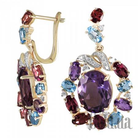 Серьги Золотые серьги с бриллиантами, аметистами ,турмалинами, родолитами и топазами