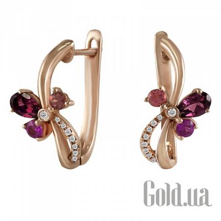 Серьги Золотые серьги с бриллиантами, сапфирами, турмалинами и родолитами