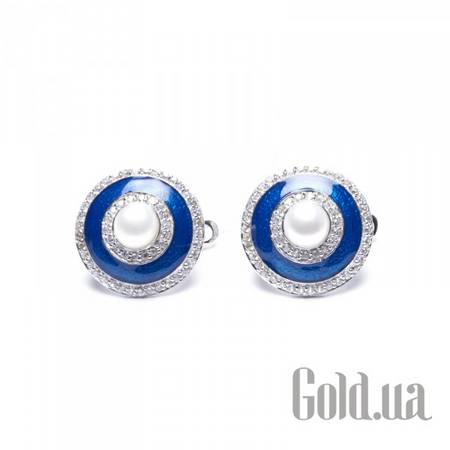 Серьги Серебряные серьги с куб. циркониями, искусств. жемчугом и эмалью
