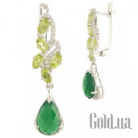 Серьги с подвесками Серебряные серьги с агатами, куб. циркониями и хризолитами