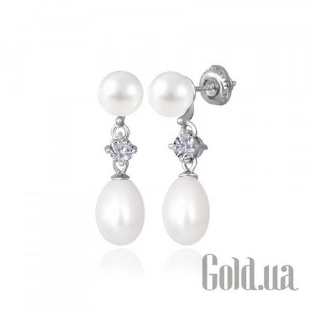 Серьги с подвесками Серебряные серьги  с жемчугом и  куб. циркониями