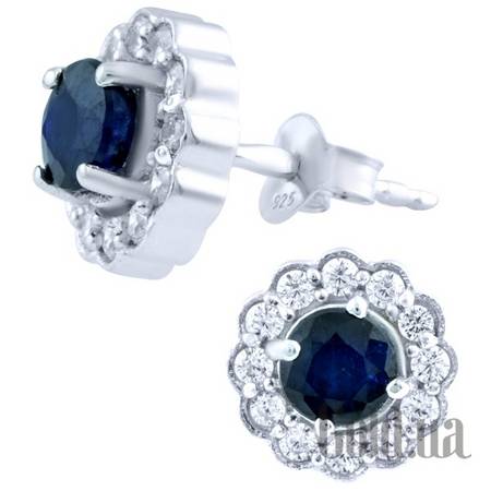 Серьги-гвоздики Серебряные серьги с сапфирами и куб. циркониями