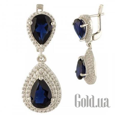 Серьги с подвесками Серебряные серьги с синт. сапфирами и куб. циркониями