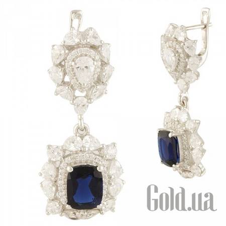 Серьги с подвесками Серебряные серьги с синт. сапфирами и куб. циркониями