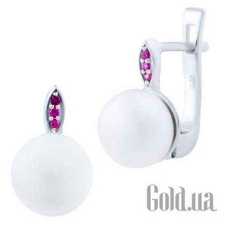 Серьги Серебряные серьги с жемчугом и синт. рубинами