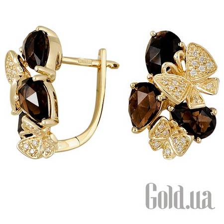 Серьги Золотые серьги с бриллиантами и дымчатым кварцем