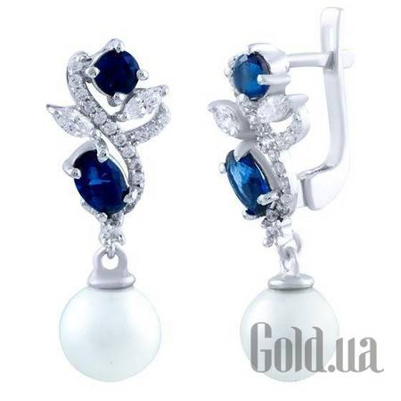 Серьги с подвесками Серебряные серьги с искусств. жемчугом, синт. сапфирами и куб. циркониями
